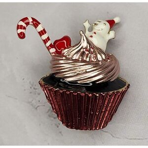 Christmas Snowman Brooch Small Adorable Snowman Sitting on a Cupcake Enamel
